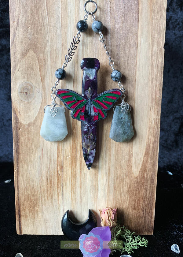 Persephone and Hel Deity Inspired Crystal and Floral Dagger Wall Hanging