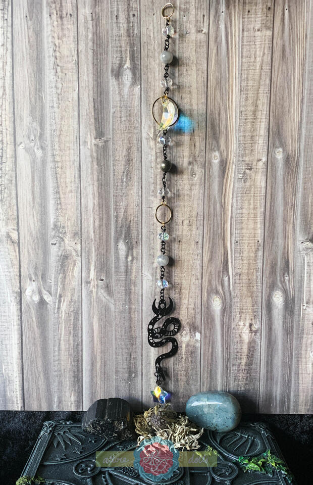 Black Celestial Snake Wall Hanging/Sun Catcher with Labradorite and Pyrite