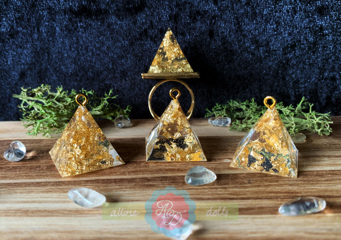 3x Gold Flake Pyramid Charms and 1x Gold Flake Stainless Pyramid Ring