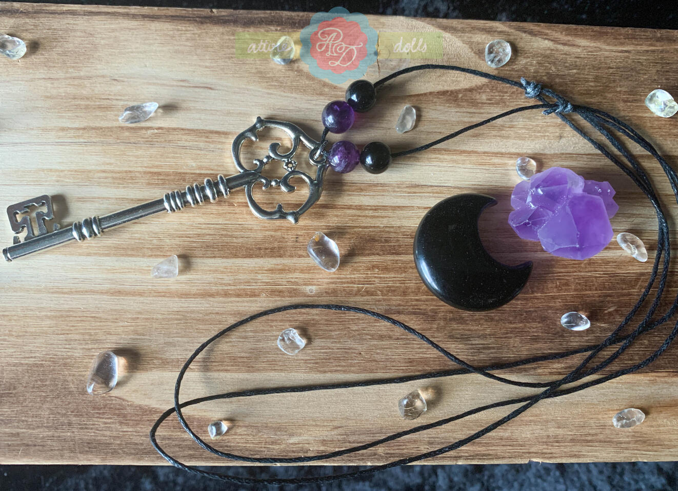 Silver Key Slip Knot Necklace with Amethyst and Onyx