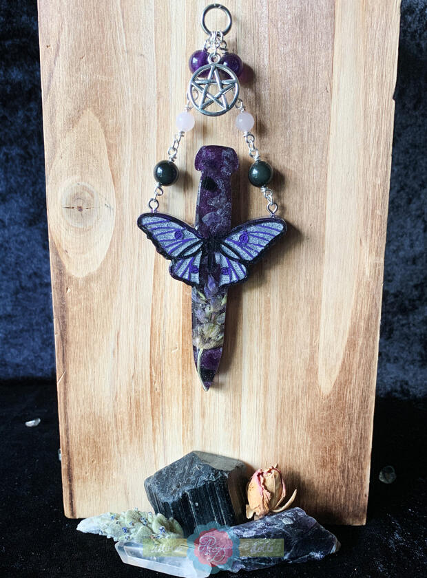 Hecate Deity Inspired Crystal and Floral Dagger Wall Hanging