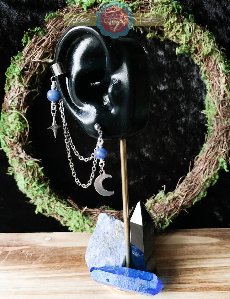 Celestial steel earstud with clip on cuff, chain, and blue aventurine beads.