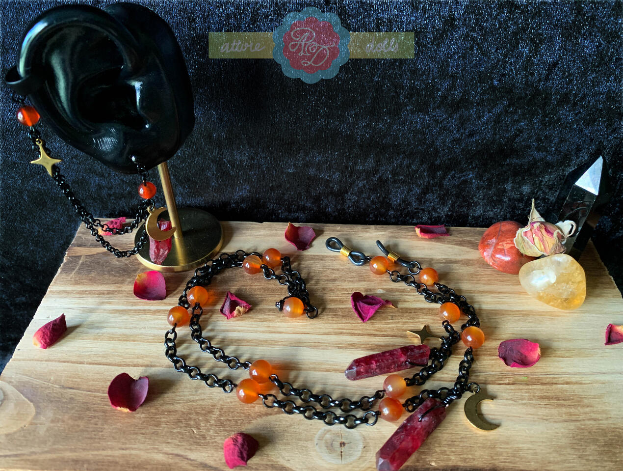 Custom DnD character earstud and helix cuff design and matching glasses chain.