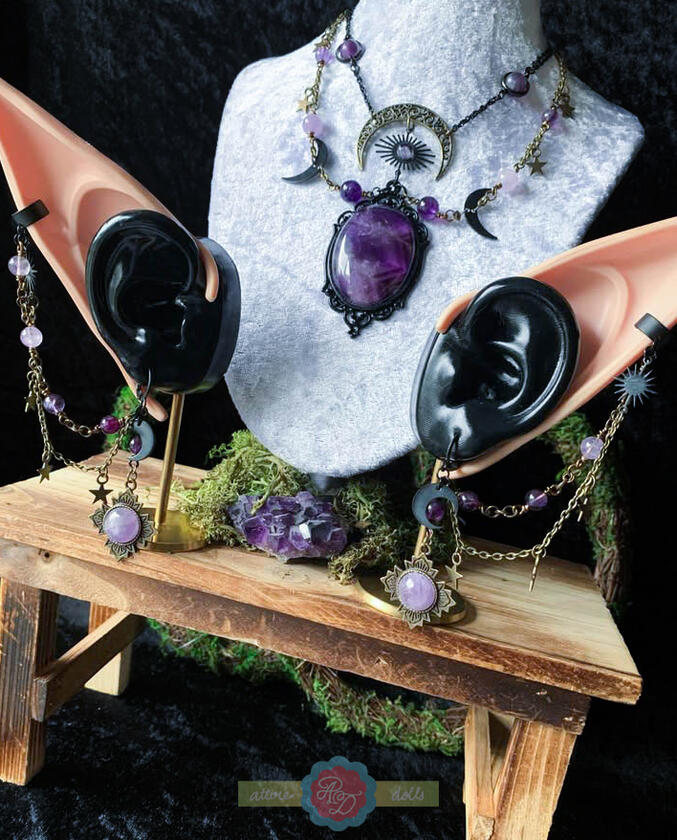 Amethyst and Purple Fluorite Witchy Celestial Choker/Necklace and Matching Earrings with Cuffs for Elf Ears