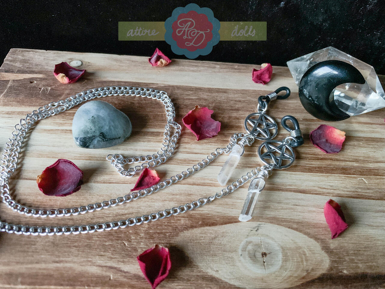 Silver pentagram with clear quartz custom glasses chain